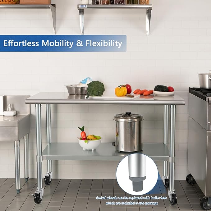 HARDURA Stainless Steel Table with Wheels 24 x 72 Inches Casters NSF Heavy Duty Commercial Work & Prep Table with Undershelf and Galvanized Legs for Restaurant Kitchen Bar and Hotel Garage