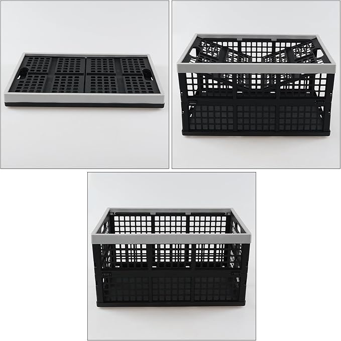 3 Pack 42 L Large Plastic Collapsible Storage Crates, Stackable Folding Milk Crate, Black