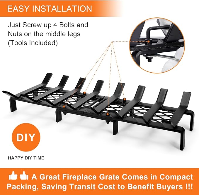 24" Fireplace Grates with Ember Retainer,Fireplace Wood Holder for Inside Fireplace, Fireplace Log Grate for Wood Stove