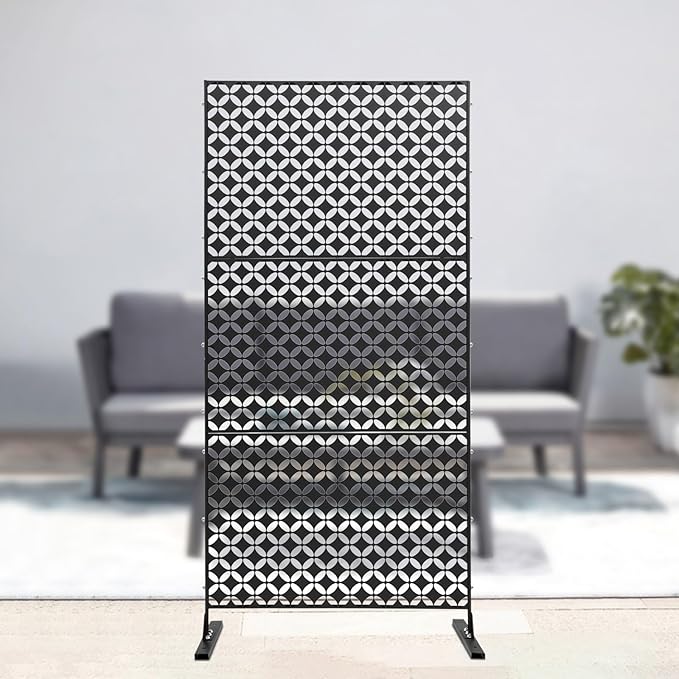 Outdoor Metal Privacy Screen with Stand, 35.4" W x 75" H Freestanding Metal Slatted Decorative Privacy Screen and Panels for Patio Garden Balcony Porch (Black Star)