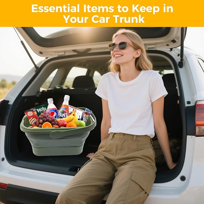 Picnic Basket for 2 Person, Foldable Bucket with Lid and Handles, Portable Outdoor Storage Bucket, 18 Liters, Ideal for Camping、Outdoors and Car Trunks (Green)