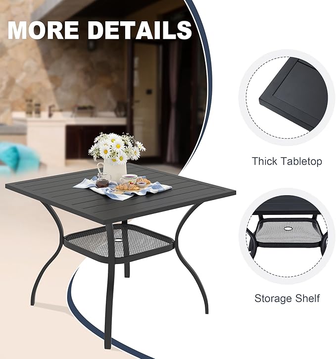 VICLLAX Patio Dining Table for 4 Square Metal Outdoor Table with Umbrella Hole and Storage Shelf for Garden Lawn Balcony Deck, Black