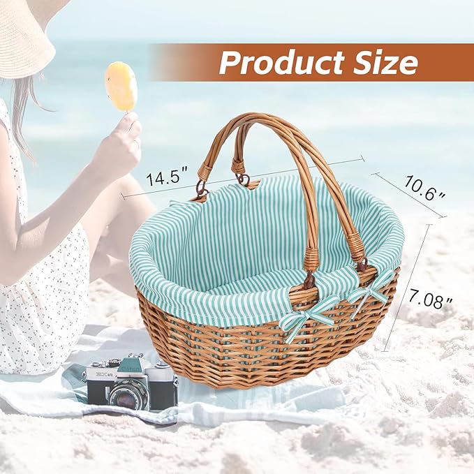 G GOOD GAIN Oval Picnic Basket with Folding Handles, Willow Hand Woven Shopping Basket, Bath Storage Gift Packing Basket, Wicker Empty Easter Eggs and Candy Small Gift Basket.Green