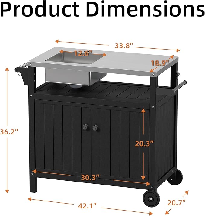TORVA Multi-Functional Outdoor Grill Cart with Sink,Cabinet and Cover, 42 inch Freestanding Modular Kitchen Sink Station in 304 Stainless Steel&HDPE, All Weather Use BBQ Table, Black