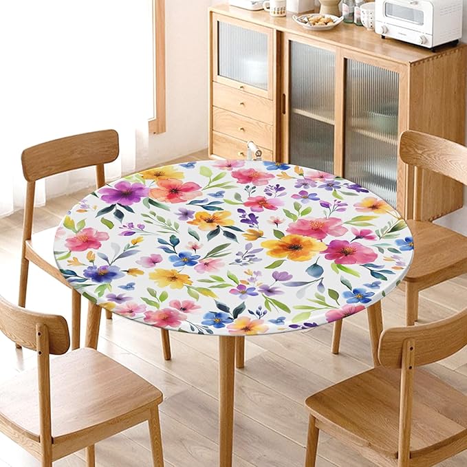 Spring Summer Floral Round Fitted Tablecloth with Elastic Watercolor Flower Outdoor Circle Table Cloth for 36-40" Tables Colorful Stretch Waterproof Washable Table Cover for Picnic Dining Party Decor