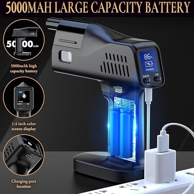 Smoking Gun for Cocktails and Food, Handheld, One Key Operation, 5000mAh Rechargeable Battery, with 1.4-inch Color Screen, for Wine, Drinks, Coffee, Bar, Party