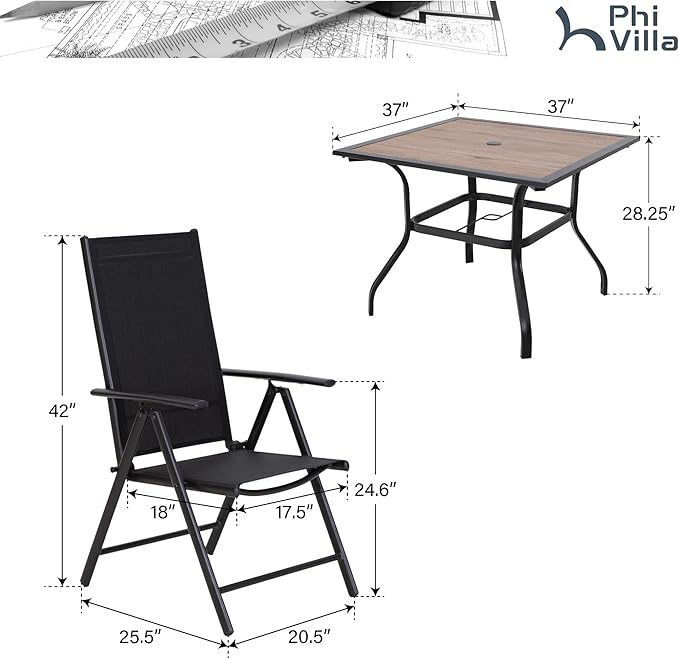 PHI VILLA Outdoor Patio Dining Set for 4, Patio Table and Chairs Set with Folding Patio Chairs & Square Wood Like Top Table for Garden, Deck and Lawn, Black