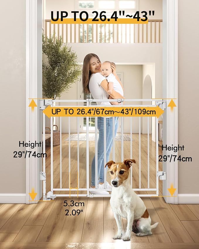 Baby Gate for Stairs Doorways & Kitchen, 26.4"-43" W x 29" H, No Bottom Bar Dog Gate, One-Handed Auto-Close, Hardware Mount Safety Gate for Dogs & Toddlers, White