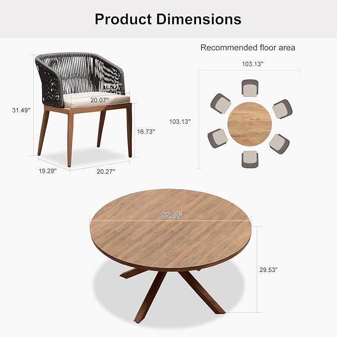 PURPLE LEAF 7 Pieces Round Outdoor Dining Set Outdoor Dining Table and Chairs Aluminum Wicker Rattan Patio Furniture Set for Lawn Garden Backyard Brown