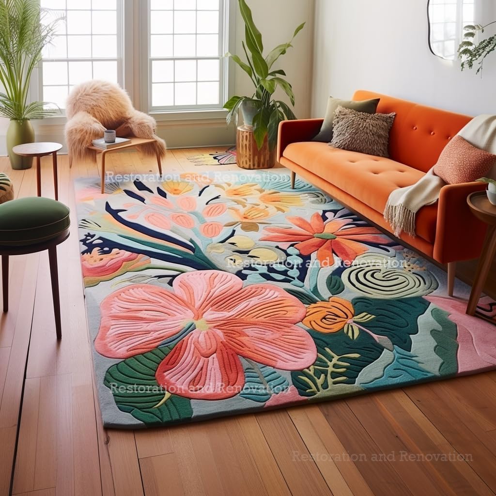 Handmade Wool Floral Area Rug for Living Room | Elegant Flower Garden Design, Soft, Thick and Durable | Bedroom, Dining Room & Home Decor Carpet (5' x 7', Floral D)