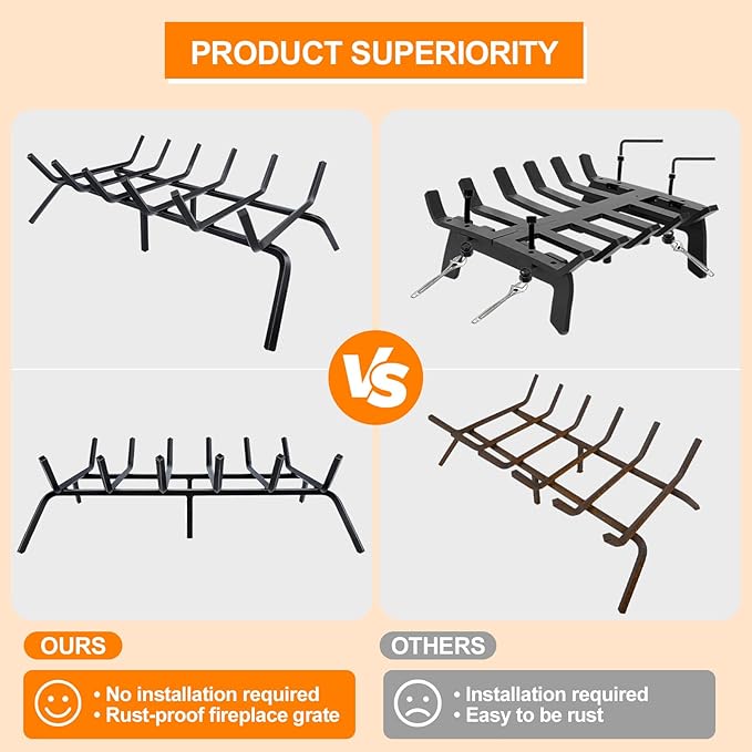 Fireplace Grate,Fireplace Log Holder,27 inch Heavy Duty Solid Cast Iron FIrewood Log Burning Rack for Inside The Fireplace Accessories Outood Fire Pit Kindling Fireplace Tools