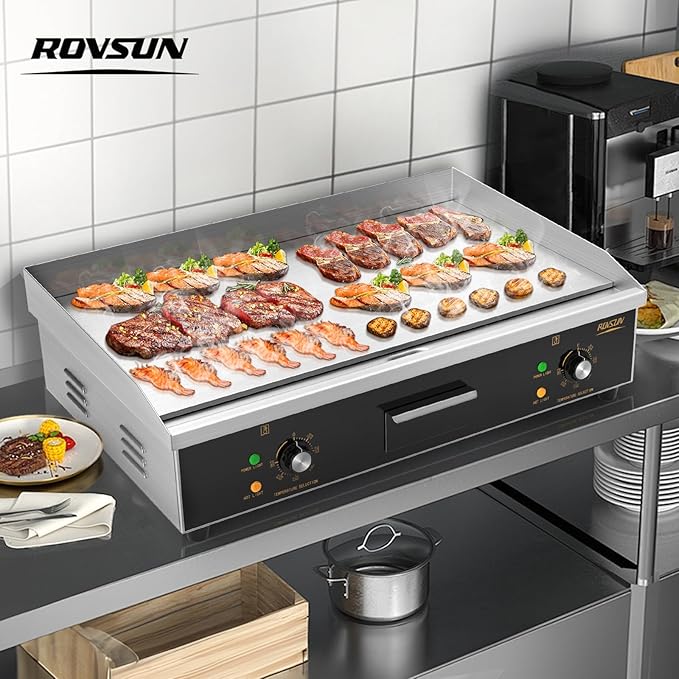 ROVSUN 30" Electric Countertop Flat Top Griddle, 3000W Electric Griddle, Teppanyaki Grill Stainless Steel with Adjustable Temperature Control 122°F-572°F for Commercial Home Restaurant, Plug