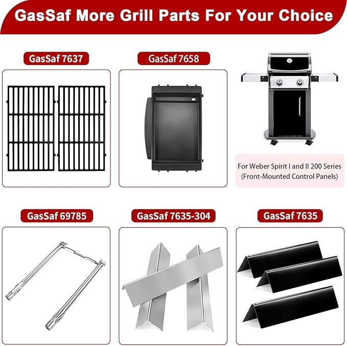 GasSaf 17.5 Grill Grates for Weber 7637 Spirit 200 E210 E220 S210 S220, GS4 Spirit II E-210 (Front-Knob), Cooking Grates Replacement Parts for Weber 2 Burner Gas Grills, 17.5 x 10.2 Cast Iron, 2-Pack