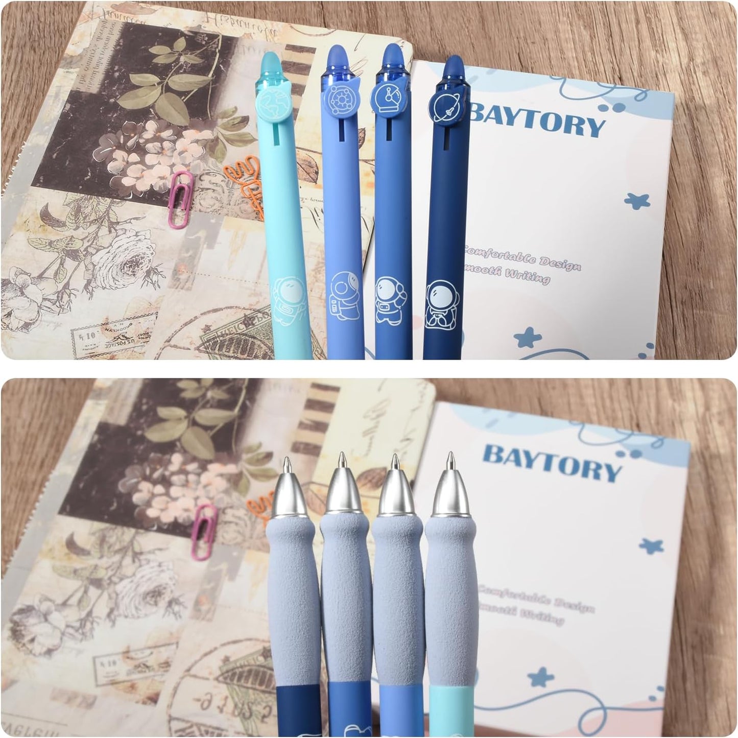 BAYTORY 8Pcs Cute Retractable Erasable Gel Pens, Blue and Black Ink Pen with Eraser Clear, Smooth Writing Comfortable to Use for Note Taking Marking Planner Crossword Puzzles (Blue)