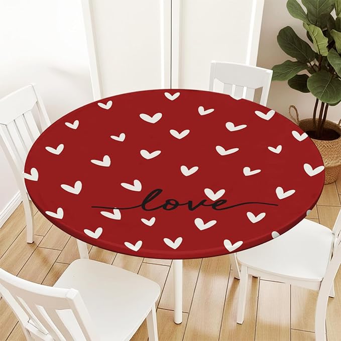 Valentines Day Round Fitted Tablecloth with Elastic Red White Love Heart Circle Table Cloth for 44-48" Round Tables Stretch Waterproof Washable Valentine Table Cover for Picnic Dining Party Decor