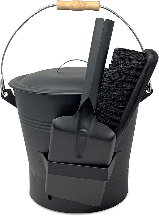 Smedley & York Black Ash Bucket with Lid, Complete Fireplace Tools Set, Includes Pail, Shovel & Broom, 2.15 Gallon Metal Coal Bucket with Accessories, Galvanized Iron Ash-Bucket for Fire Place