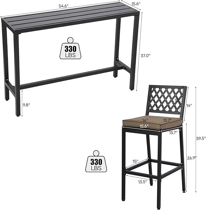 Outdoor Patio Bar Set, Bar Height Patio Dining Set, Weather-Resistant Bistro Counter Pub Set with Cushions & Slatted Tabletop for Backyard