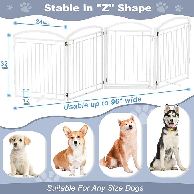 Full Metal Free Standing Dog Gate with Door for Outdoor Indoor,96'' Extra Wide 32'' Tall Dog Gates for Doorways,Large Openings,Decks,Porch,Freestanding Portable Pet Fence(4 Panels,Black)