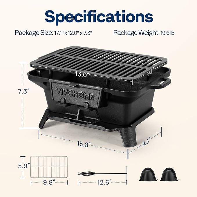 VIVOHOME Rectangle Cast Iron Charcoal Grill with Double-Sided Grate, Portable Outdoor BBQ Grill, Compact Tabletop Grill Stove (Note: The charcoal grid is made of stainless steel, not cast iron)