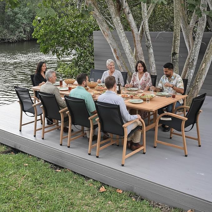 Amazonia Franklin 11-Piece Rectangular Extendable Patio Dining Set | Teak Finish and Weather-Net Technology | Ideal for Outdoors and Indoors