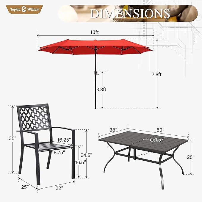 Sophia & William Patio Dining Set with 13ft Double-Sided Patio Umbrella, 8 Piece Metal Outdoor Table Furniture Set with 6 Chairs and 1 Rectangular Dining Table and 1 Large Orange Red Umbrella