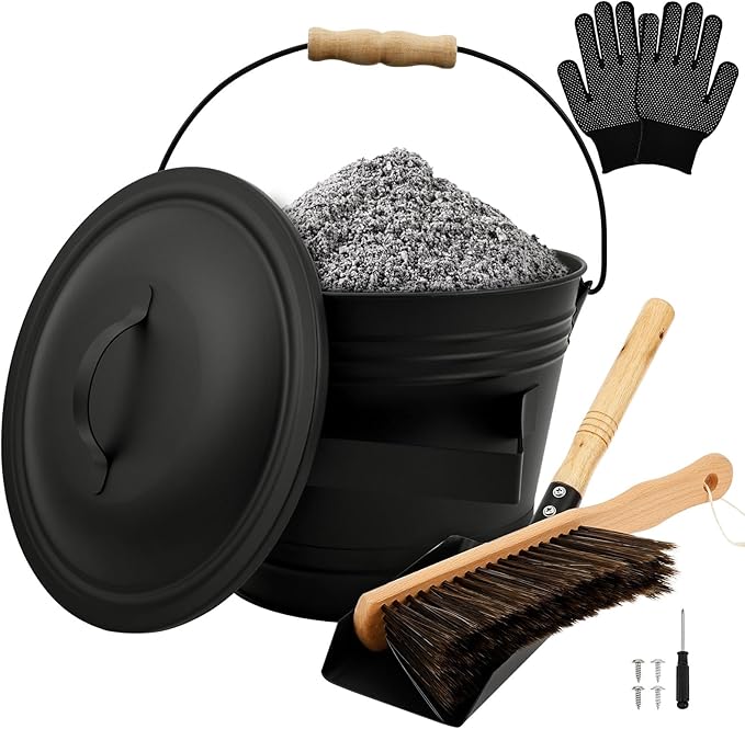 1.5 Gallon Ash Bucket with Lid and Shovel Broom Metal, Fireplace Ash Bucket, Complete Fireplace Tools Set for Fire Pit Grill Black(4 Pcs Set)