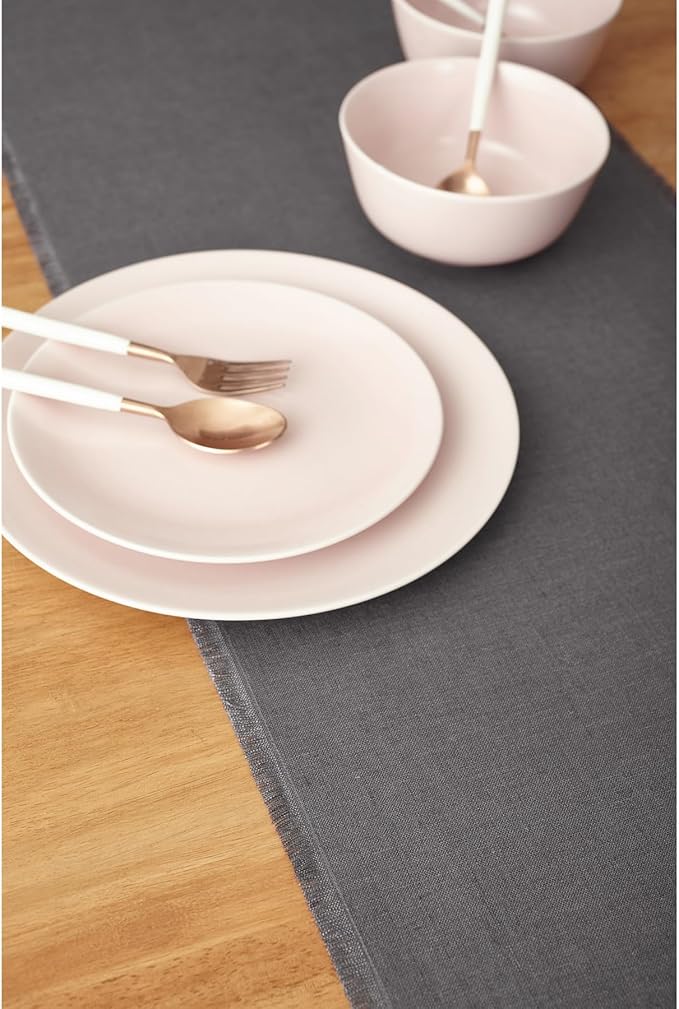 Solino Home Linen Charcoal Table Runner 120 Inches Long - Fringe, 100% Pure Linen 14 x 120 Inch Table Runner for Winter - Handcrafted and Machine Washable