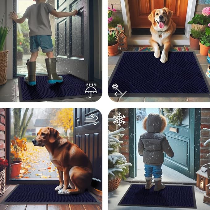 Smiry Front Door Mat Outside Entrance, Heavy Duty Outdoor Indoor Mat, Natural Rubber Doormat, Non Slip, Trap Dirt and Moisture, Easy Clean, Low Profile Patio Porch Entryway Mat, 29.5x17, Black Blue