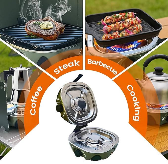 BJIPFO 2 Burner Foldable Camping Stove, Portable Propane Camp Stove,With Grill、Carry Bag Windscreen,20,000BTU Adjustable Burners & Piezo Ignition for Tailgating,BBQ,camp essentials gear