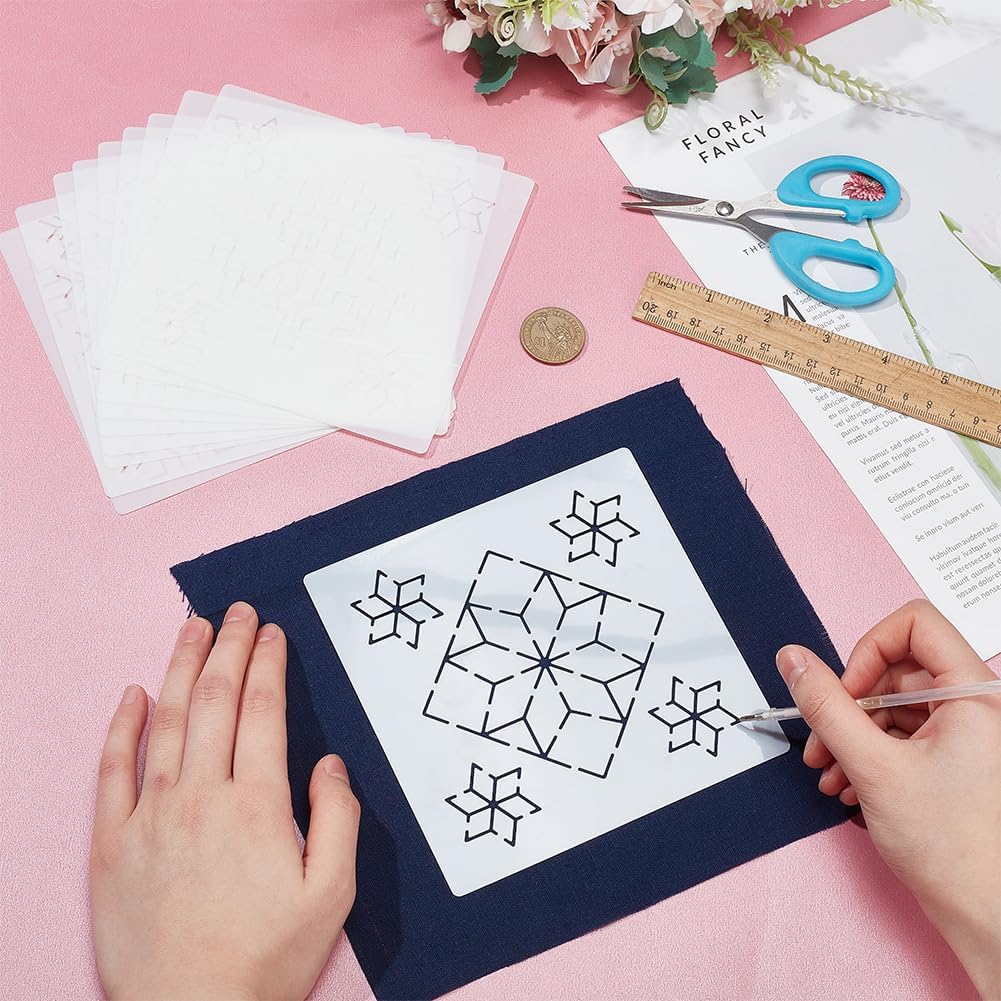 FREEBLOSS Sashiko PET Stencils - Geometric Hand Embroidery Patterns for Drawing and Quilting - 14x14cm Template