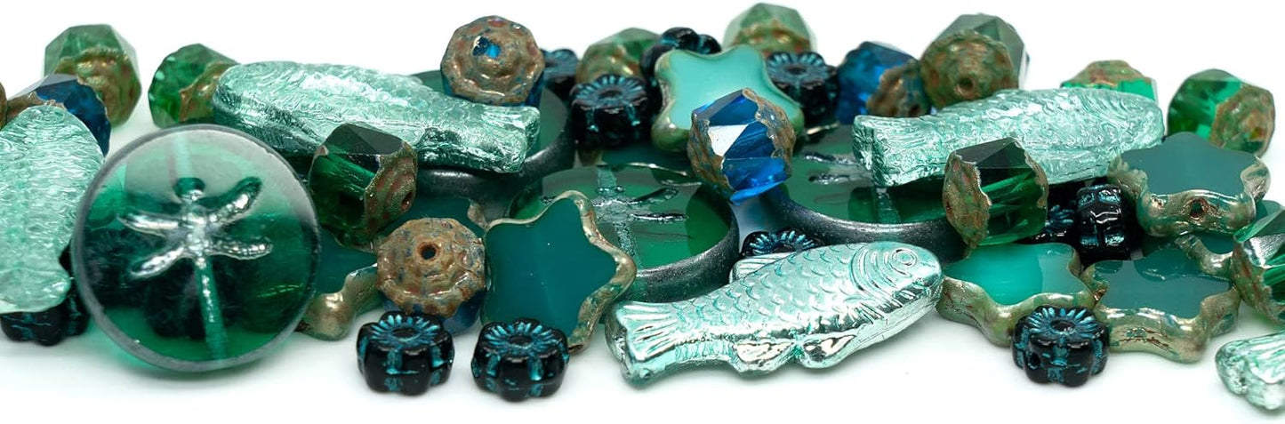 2.1oz (60g) of Glass Focal Bead Mix with Flowers, Table-Cut and fire Polish Czech Beads, PG Green