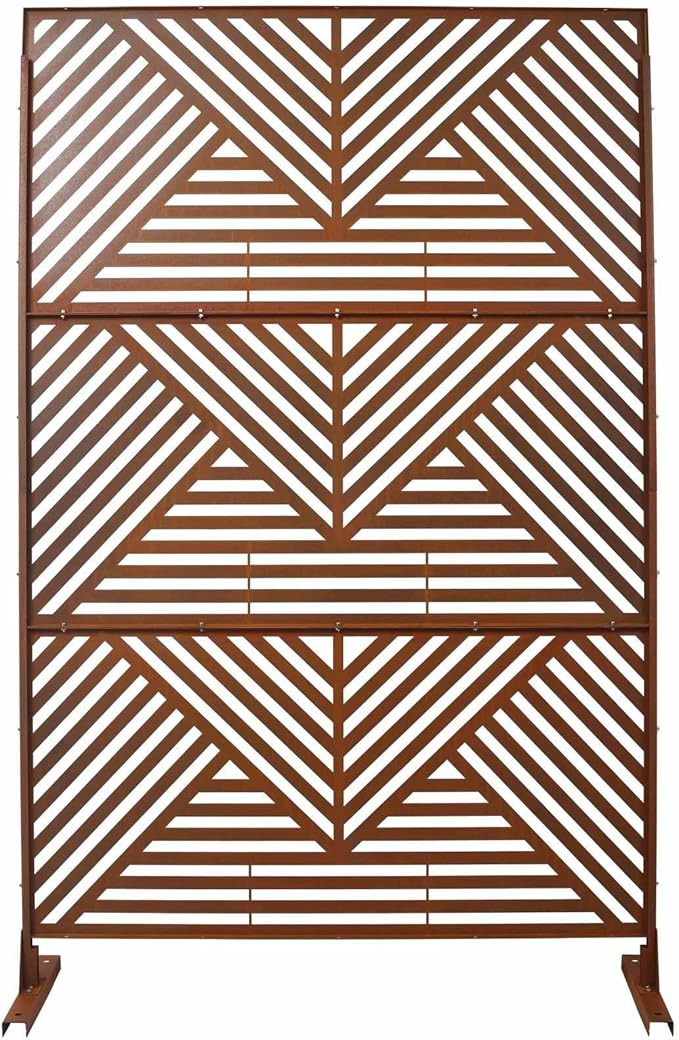 Outdoor Privacy Screen with Geometric Design – Metal Decorative Panel, Freestanding Partition, Weather-Resistant, 76"x48" for Garden, Patio, Balcony, and Yard, Rust Red