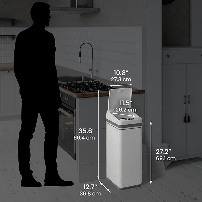 iTouchless 50 Liter / 13 Gallon Kitchen Trash Can with Lid & AbsorbX Odor Filter – Motion Sensor Chalk White Stainless Steel Garbage Bin for Home, Office, or Garage – Slim, Large Capacity Design