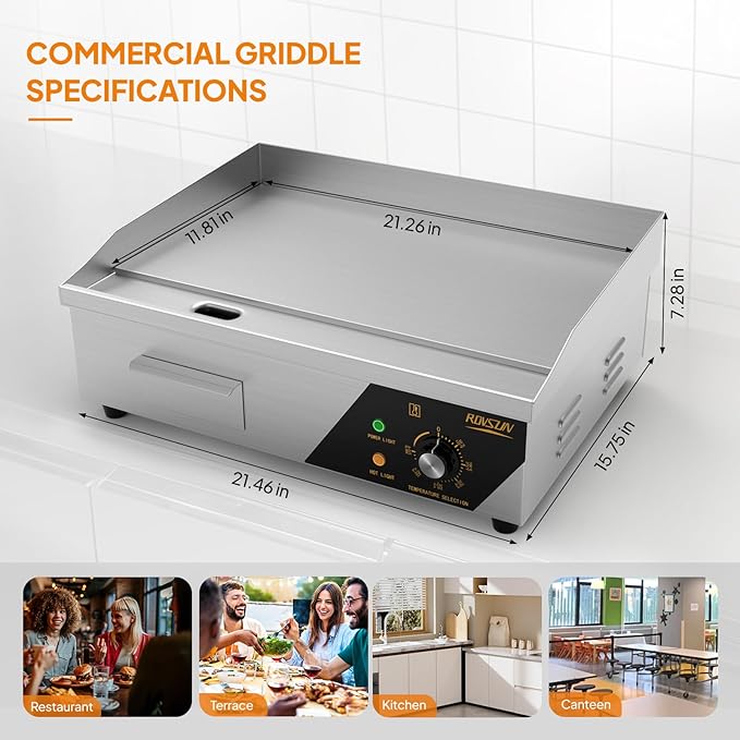 ROVSUN 22" Electric Countertop Flat Top Griddle, 1600W Electric Griddle, Teppanyaki Grill Stainless Steel with Adjustable Temperature Control 122°F-572°F for Home Restaurant Commercial