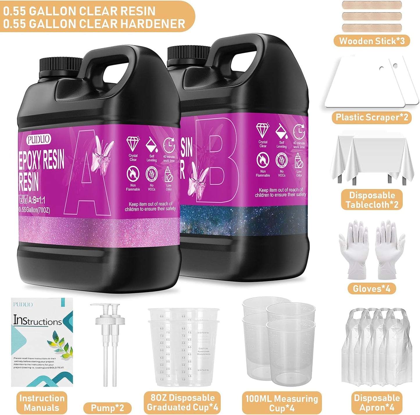 Puduo Epoxy Resin Kit 1.1Gallon,Newly Formulated Crystal Clear Epoxy Resin,Strong, Bubble-Free, Anti-Yellowing Art Resin That,Suitable for Casting, DIY, Resin Art, Molds, Easy to Mix 1:1 Ratio