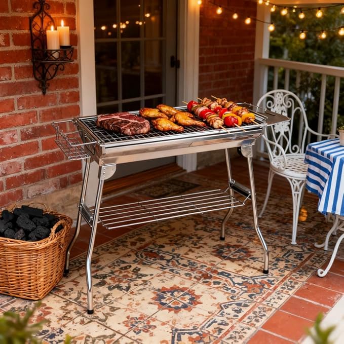 Folding Charcoal BBQ Grill with Storage Shelves, Portable Stainless Steel Charcoal Grill with Griddle Pan & Cooking Grate, Camping Picnic Hibachi Grill for Outdoor Cooking