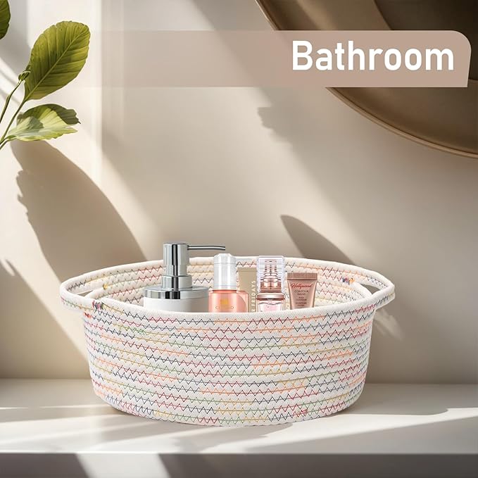Woven Basket,Small Rope Storage Bin with Handles & Ribbon Bag, Organizer for Shelves Closets,Gift Basket Empty for Birthday,Books,Dog Toys, Colorful/2 Pack