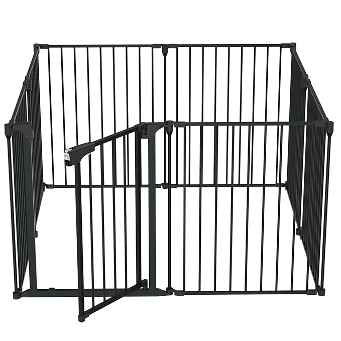 Bonnlo 188'' Wide Baby Gate Playpen 8 Panel Adjustable Play Yard Metal Dog Gate with Door Fireplace Christmas Tree Fence for Pet/Child/Toddler
