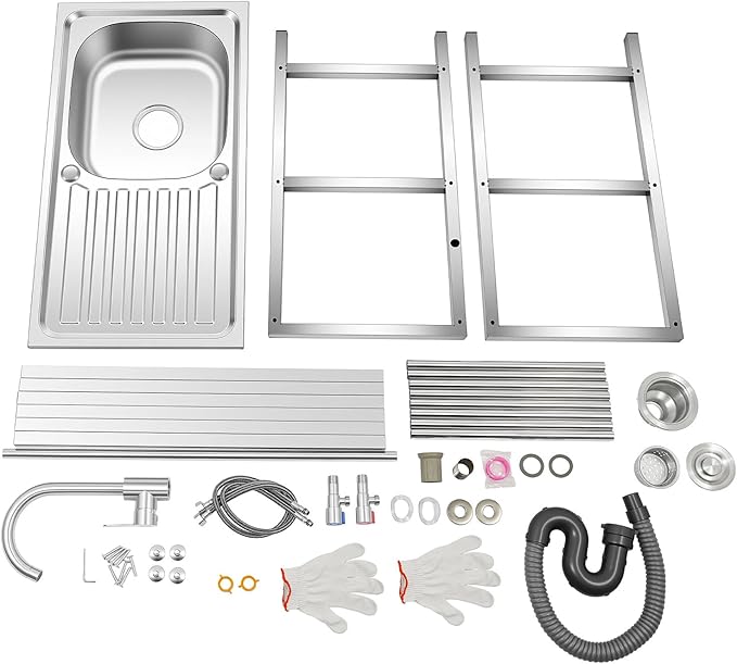 Outdoor Utility Sink, Freestanding Kitchen Sink with Faucet, Utility Sink Freestanding Single Bowl Portable Washing Hand Basin Station with 2 Tier Storage Shelves for Backyard (29.52x 15.74x 30.7in)