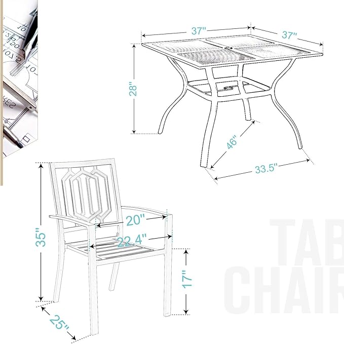 Sophia & William Patio Table and Chairs Set, Outdoor Dining Set for 4, 5 Piece Metal Patio Furniture, 37" Black Square Table(Geometry)
