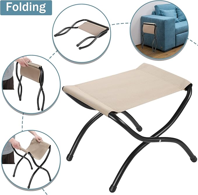 15" Foldable Foot Stool Ottoman with Metal Frame - Washable Light Grey Upholstered Indoor/Outdoor Footrest for Living Room, Bedroom, Patio - Space-Saving Compact Design
