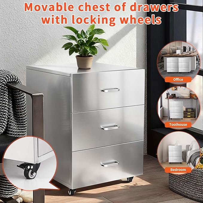 JIEJIN Outdoor Kitchen Drawers Stainless Steel Triple BBQ Island Drawer Flush Mount Outdoor Kitchen Cabinets with Handles with Wheels for Outdoor Kitchens or BBQ Island Patio Grill Station, Silver