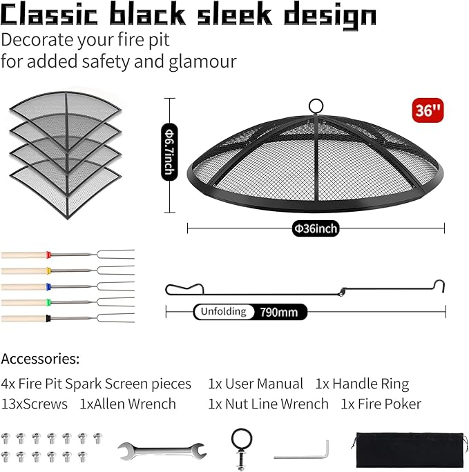 Fire Pit Spark Screen, Outdoor 36 Inch Round Fire Pit Screen with Foldable Hook and Marshmallow Sticks, Heavy Duty Steel Mesh Fire Pit Cover for Backyard, Beach, RV Camping