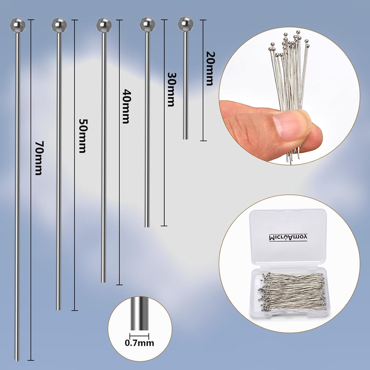 150pcs Silver Filled Ball Pins Non Tarnish Craft Earring Bracelet Jewelry Making Accessories Supplies (40mm (1.57in), Silver-Ball Pin)