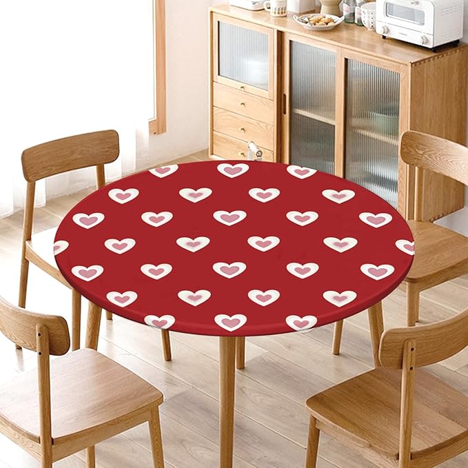 Valentines Day Round Fitted Tablecloth with Elastic Red Pink Heart Circle Table Cloth for 40-44" Round Tables Wipeable Waterproof Washable Burgundy Valentine Table Cover for Picnic Dining Party Decor