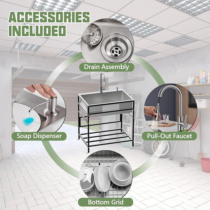 30x22 Inch Stainless Steel Utility Sink-Freestanding Laundry Sink Practicality With Accessories Stainless Functional Faucet,Soap Dispenser, SS Sink Grid For Laundry,Garage,Outdoor Kitchen,Garden...