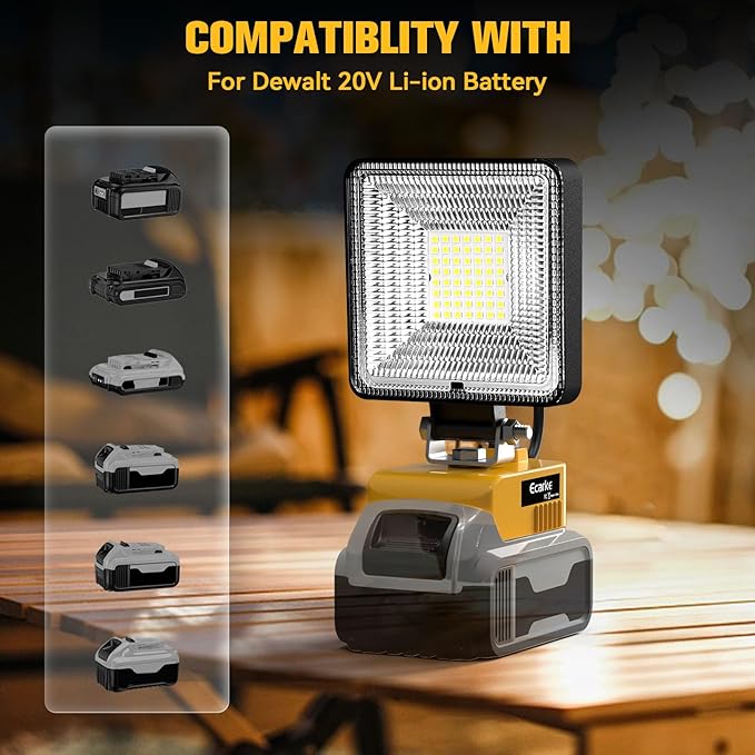 Ecarke Led Work Light Compatible with DeWalt 20v Battery, Portable Led Flood Work Light with Low Voltage Protection, USB & Type-C Charging Port, for Outdoor Camping Hiking Fishing Emergency