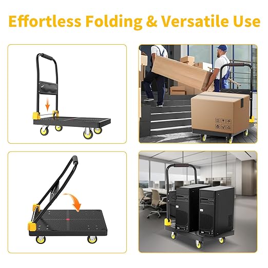 Push Cart Dolly - Foldable Heavy - Duty Flatbed Platform Cart with 360 - Degree Rotating Wheels for Moving in Food Truck and Trailer, Load Capacity 330 lbs, Black Yellow