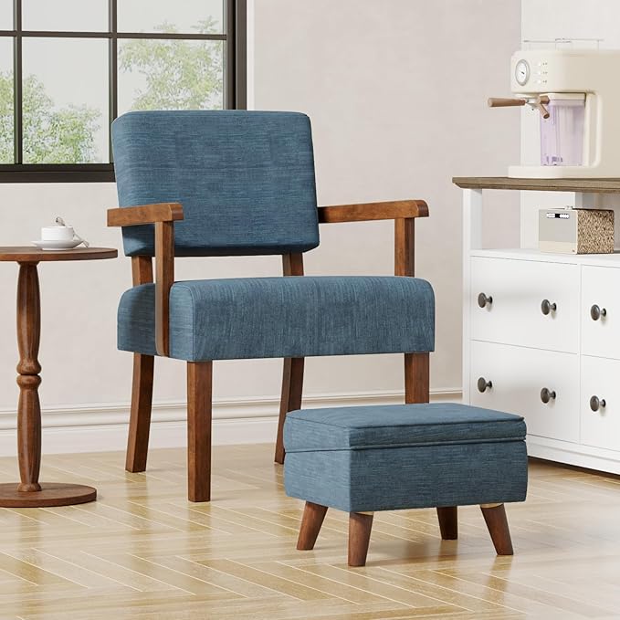 Small Footstool Ottoman with Storage, Ottoman Foot Rest, Modern Foot Stool with Adjustable Lid and Sturdy Wood Legs for Living Room, Bedroom, Couch, Enterway, Blue