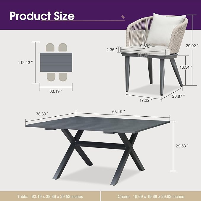 PURPLE LEAF 5 Pieces Patio Dining Set Wicker Outdoor Furniture Rectangular Table and Chairs Set for Garden Deck Aluminum Frame Backyard Kitchen Set, Cushions and Pillows Included Taupe